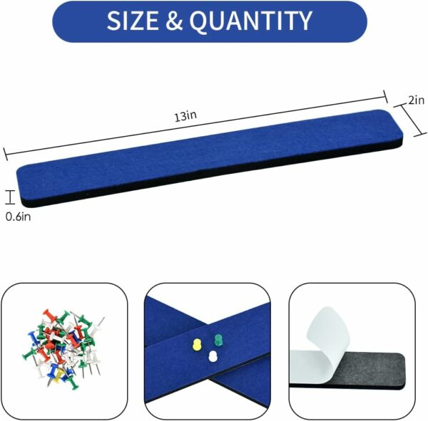 8Pcs Dark Blue Cork Board Bar Strips with 50 Pushpins & Sticky Notes, Self-Adhesive Bulletin Board Strips No Damage for Wall, Felt Pin Board for Paste Notes, Photos, Schedules Offices Home - Image 2