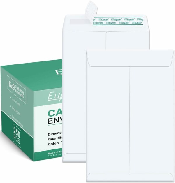 6x9 White Envelopes Self Seal 250 Pack for Mailing, Organizing, Storage