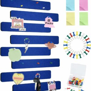 8Pcs Dark Blue Cork Board Bar Strips with 50 Pushpins & Sticky Notes, Self-Adhesive Bulletin Board Strips No Damage for Wall, Felt Pin Board for Paste Notes, Photos, Schedules Offices Home