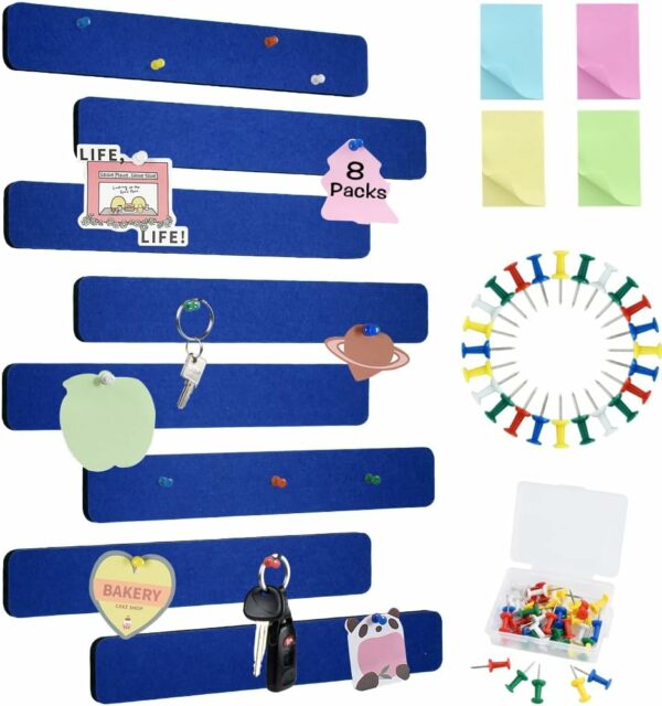 8Pcs Dark Blue Cork Board Bar Strips with 50 Pushpins & Sticky Notes, Self-Adhesive Bulletin Board Strips No Damage for Wall, Felt Pin Board for Paste Notes, Photos, Schedules Offices Home
