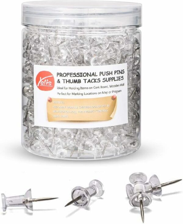 Push Pins 600 Count, Standard Clear Thumb Tacks Steel Point and Clear Plastic Head