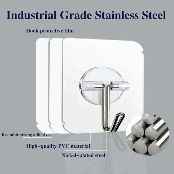100 Pack Adhesive Hooks Wall Hooks 24lb(Max) Heavy Duty Self Adhesive Hooks,Transparent Reusable Adhesive Wall Hooks for Hanging for Kitchens, Bathroom, Office - Image 3
