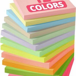 Sticky Notes, 12 Pads, 3x3 inches, Colorful Self-Stick Note Pads, Easy to Post in Office, Home, School - 12 Pastel Colors