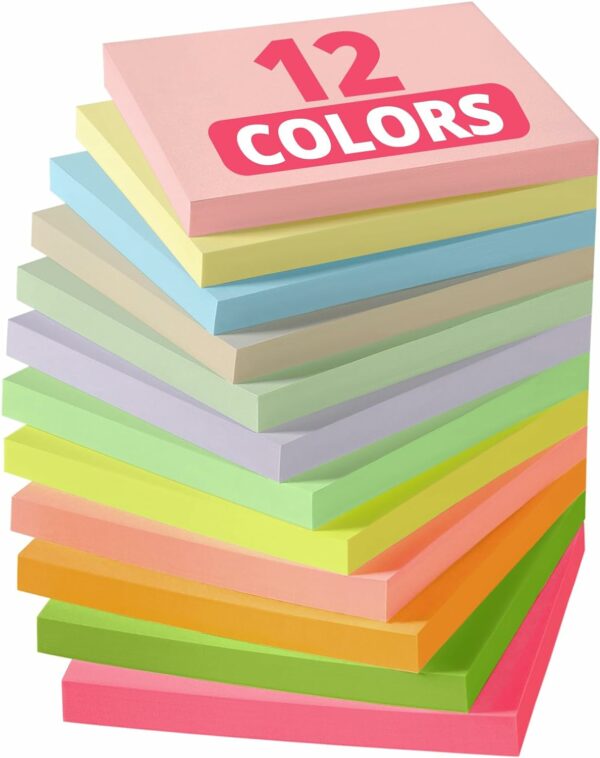 Sticky Notes, 12 Pads, 3x3 inches, Colorful Self-Stick Note Pads, Easy to Post in Office, Home, School - 12 Pastel Colors