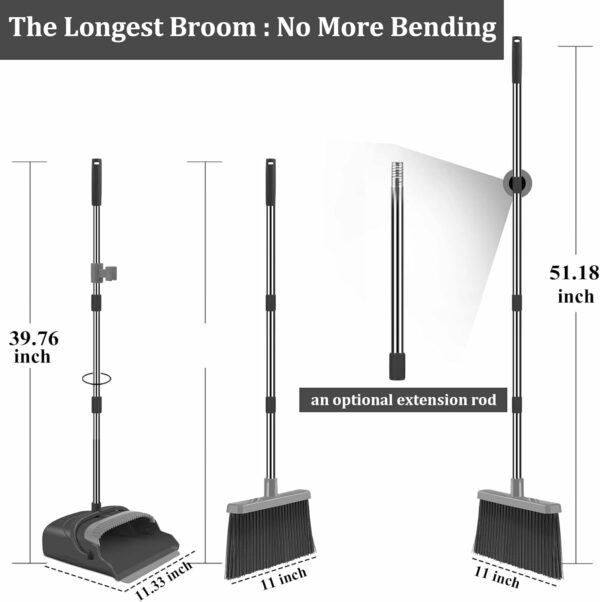 Broom and Dustpan Set for Home, Office, Indoor & Outdoor Sweeping, Stand Up Broom and Dustpan (Black & Gray) - Image 2