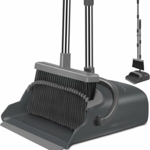 Broom and Dustpan Set for Home, Office, Indoor & Outdoor Sweeping, Stand Up Broom and Dustpan (Black & Gray)