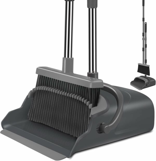 Broom and Dustpan Set for Home, Office, Indoor & Outdoor Sweeping, Stand Up Broom and Dustpan (Black & Gray)