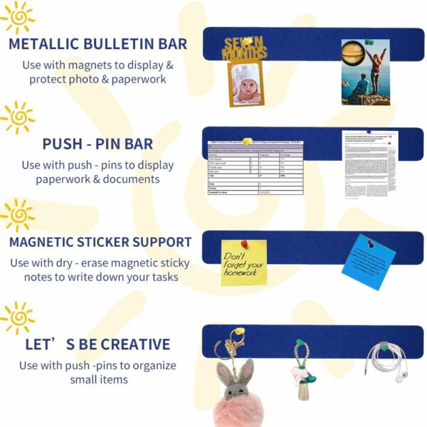 8Pcs Dark Blue Cork Board Bar Strips with 50 Pushpins & Sticky Notes, Self-Adhesive Bulletin Board Strips No Damage for Wall, Felt Pin Board for Paste Notes, Photos, Schedules Offices Home - Image 4