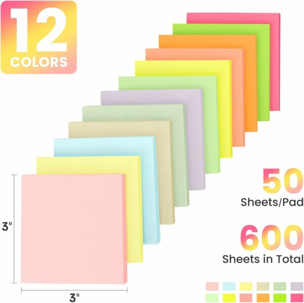 Sticky Notes, 12 Pads, 3x3 inches, Colorful Self-Stick Note Pads, Easy to Post in Office, Home, School - 12 Pastel Colors - Image 2