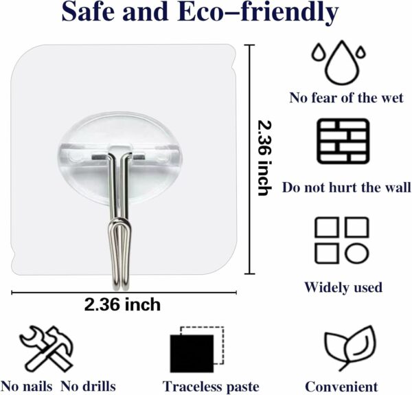 100 Pack Adhesive Hooks Wall Hooks 24lb(Max) Heavy Duty Self Adhesive Hooks,Transparent Reusable Adhesive Wall Hooks for Hanging for Kitchens, Bathroom, Office - Image 2