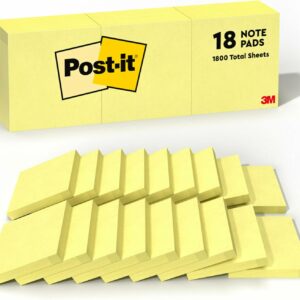 Post-it Notes, 3 in x 3 in, 18 Sticky Notes Pads, 100 Sheets per Pad, The Iconic Canary Yellow Note, New Year Organization or Second Semester School Supplies
