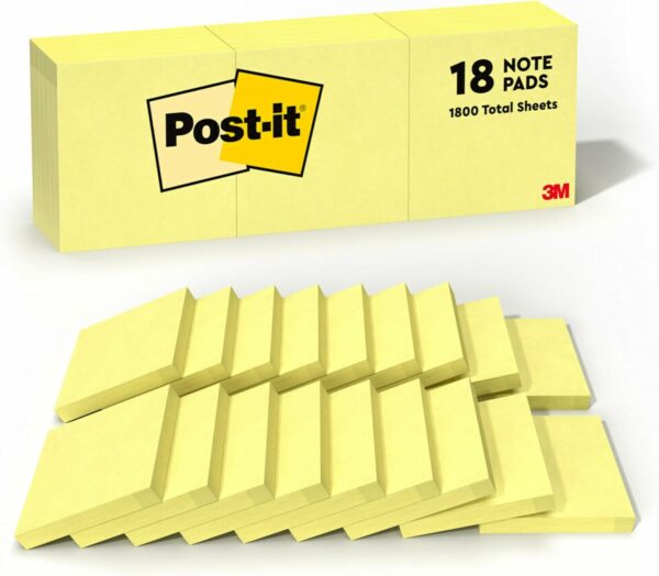 Post-it Notes, 3 in x 3 in, 18 Sticky Notes Pads, 100 Sheets per Pad, The Iconic Canary Yellow Note, New Year Organization or Second Semester School Supplies