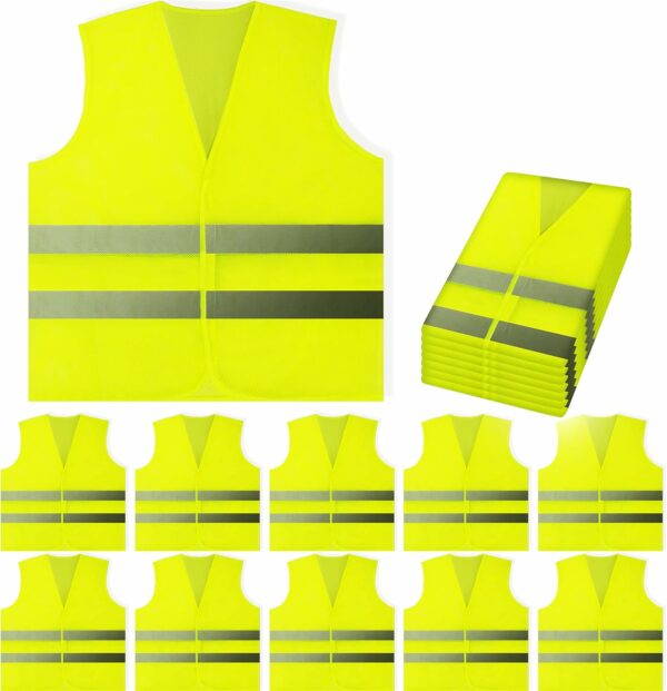 Safety Vests 10 Pack - Yellow Reflective High Visibility, Hi Vis Silver Strip, Men Women, Work, Cycling, Runner, Surveyor, Volunteer, Crossing Guard, Road, Construction, Neon (Mesh, 10)