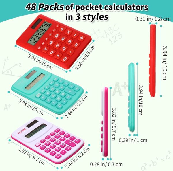 48 Pcs Pocket Calculator Small Basic Standard Calculator Mini Colored 8 Digit Handheld 4 Function Calculator for Students Kids School Teacher Desktop Home Office, 3 Designs - Image 2