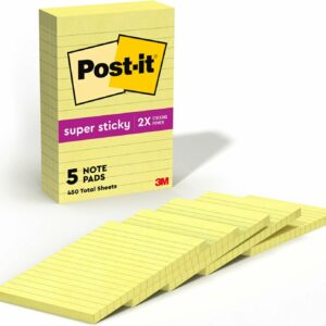 Post-It Super Sticky Notes, 4 in x 6 in, Canary Yellow, Lined, 5 Pads/Pack, 90 Sheets/Pad