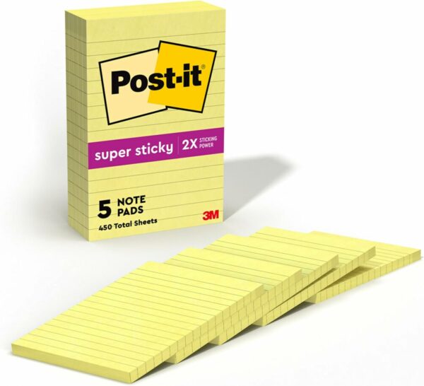 Post-It Super Sticky Notes, 4 in x 6 in, Canary Yellow, Lined, 5 Pads/Pack, 90 Sheets/Pad