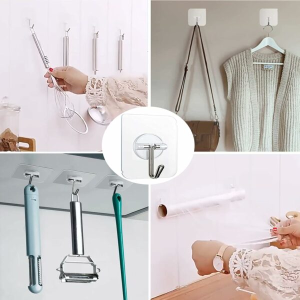 100 Pack Adhesive Hooks Wall Hooks 24lb(Max) Heavy Duty Self Adhesive Hooks,Transparent Reusable Adhesive Wall Hooks for Hanging for Kitchens, Bathroom, Office - Image 6