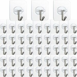 100 Pack Adhesive Hooks Wall Hooks 24lb(Max) Heavy Duty Self Adhesive Hooks,Transparent Reusable Adhesive Wall Hooks for Hanging for Kitchens, Bathroom, Office