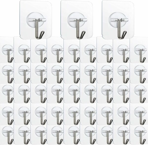 100 Pack Adhesive Hooks Wall Hooks 24lb(Max) Heavy Duty Self Adhesive Hooks,Transparent Reusable Adhesive Wall Hooks for Hanging for Kitchens, Bathroom, Office