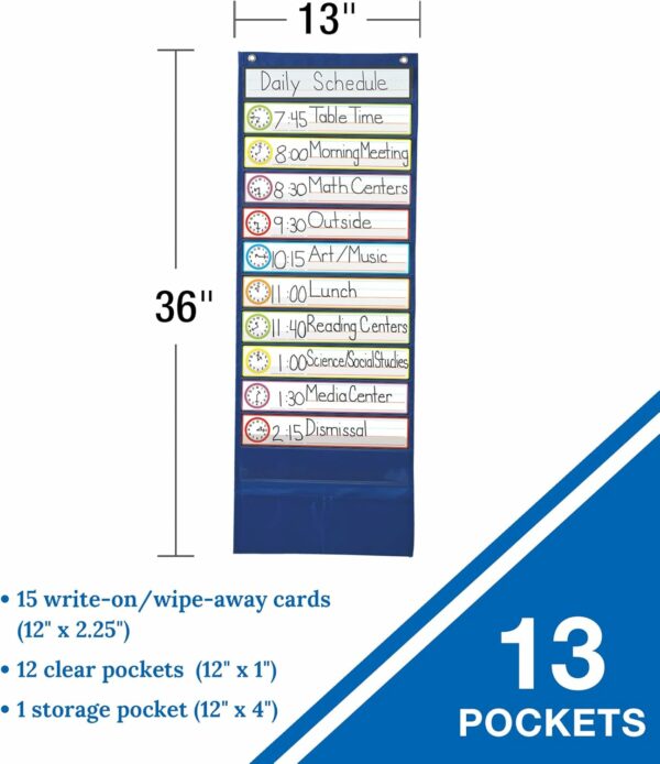 Carson Dellosa 13” x 36” Deluxe Daily Schedule Pocket Chart, 12-Pocket Classroom Schedule Pocket Chart with 15 Reusable Dry Erase Cards, Visual Schedule for Kids for Classroom Management - Image 2