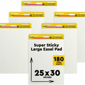 Post-it Super Sticky Easel Pad, 25 x 30 Inches, 30 Sheets/Pad, 6 Pads, Large White Premium Self Stick Flip Chart Paper, Super Sticking Power