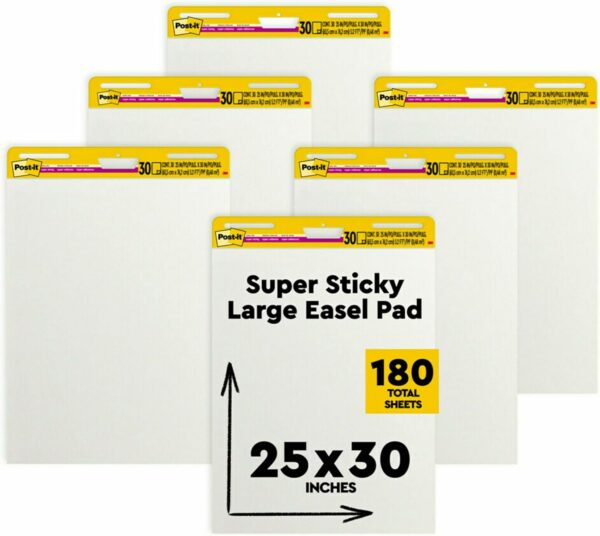 Post-it Super Sticky Easel Pad, 25 x 30 Inches, 30 Sheets/Pad, 6 Pads, Large White Premium Self Stick Flip Chart Paper, Super Sticking Power