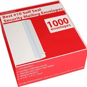 #10 Envelopes Letter Size Self Seal | 1,000 Business Mailing Security Peel and Sealing Envelope | 100% Tinted | #10 White Windowless Legal Regular Plain Envelops Pack | 4-1/8 x 9-1/2 Inches | 24 LB