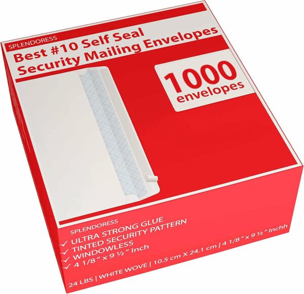 #10 Envelopes Letter Size Self Seal | 1,000 Business Mailing Security Peel and Sealing Envelope | 100% Tinted | #10 White Windowless Legal Regular Plain Envelops Pack | 4-1/8 x 9-1/2 Inches | 24 LB