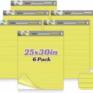 Sticky Easel Pad, 25x30 Inches Large Self Stick Yellow Lined Flip Chart Paper, Upgraded Versatile Sticky Easel Pad with Dry Erase Surface for Meeting/Training/Doodling, 30 Sheets/Pad, 6 Pads