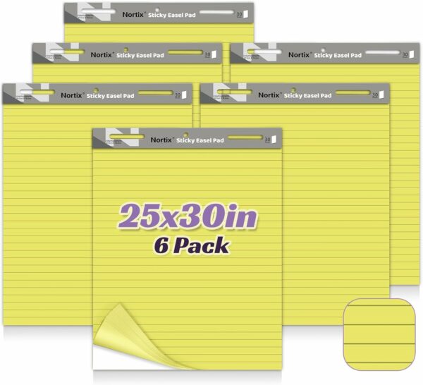 Sticky Easel Pad, 25x30 Inches Large Self Stick Yellow Lined Flip Chart Paper, Upgraded Versatile Sticky Easel Pad with Dry Erase Surface for Meeting/Training/Doodling, 30 Sheets/Pad, 6 Pads
