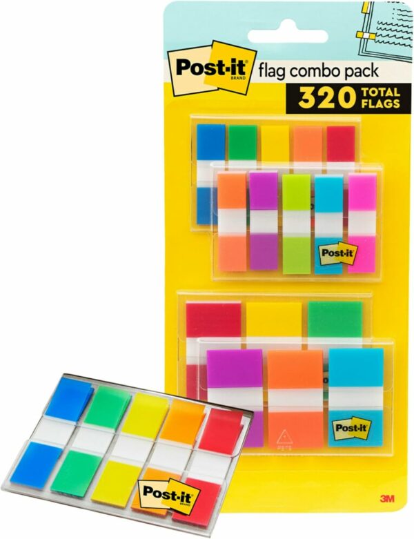Post-it Flags Combo Pack, 4 On-The-Go Dispensers/Pack, 120 .94 in Wide and 200 .47 in Wide Flags, Assorted Colors