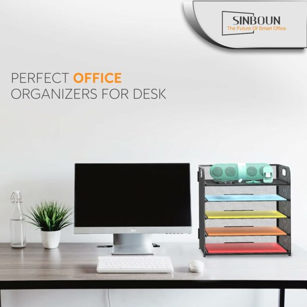 2 Pack Letter Tray Paper Organizer 5-Tier Desk Organizer File Organizer Paper Holder with Handle, Metal Desktop Document Shelf Tray Office Classroom Organization - Black - Image 4