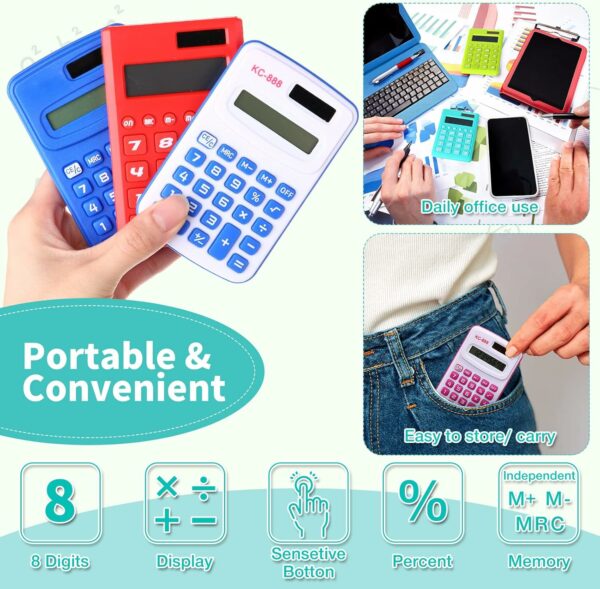 48 Pcs Pocket Calculator Small Basic Standard Calculator Mini Colored 8 Digit Handheld 4 Function Calculator for Students Kids School Teacher Desktop Home Office, 3 Designs - Image 3