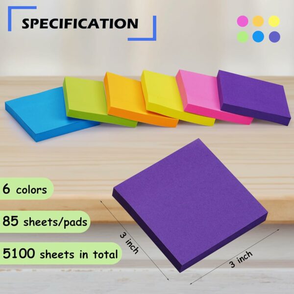 Sticky Notes Bulk, Woswel Sticky Notes 3 x 3 in, 60 Pads, 85 Sheets/Pad, 6 Bright Colors Sticky Notes, Self-Stick Notes, Easy to Post for Home Office School - Image 3