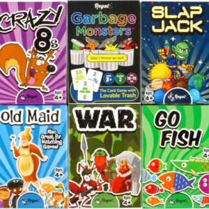Card Games for Kids - Go Fish, Crazy 8's, Old Maid, Slap Jack, Garbage Monster, War - Simple & Fun Classic Family Table Games - Games May Vary (6 Set)