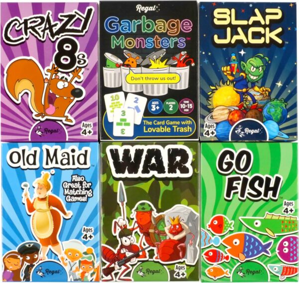 Card Games for Kids - Go Fish, Crazy 8's, Old Maid, Slap Jack, Garbage Monster, War - Simple & Fun Classic Family Table Games - Games May Vary (6 Set)