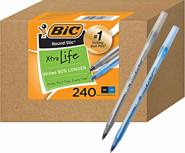 BIC PENS Bulk Pack of 240 Ink Pens, Bic Round Stic Xtra Life Ballpoint , Medium point 1.0 mm, 120 Black & 120 Blue Bic Pens Combo Pack in Bulk