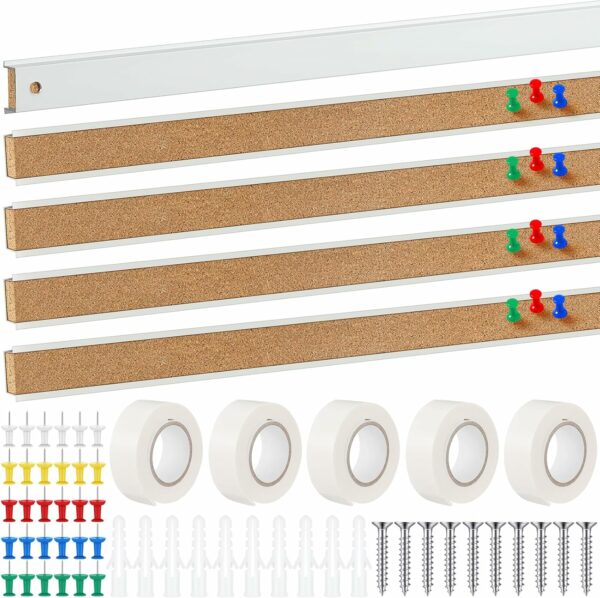 5 Pcs 48" x 1" Cork Strips Bulletin Bar Strips for Wall Bulletin Board Aluminum Trim Brown Cork Strips with Accessories for Paste Notes Photos Classroom Office Home Holiday Decor