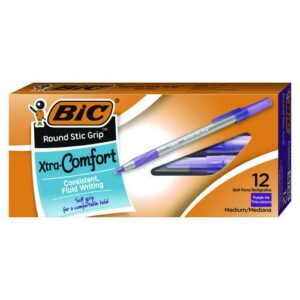 Round Stic Grip Xtra Comfort Ballpoint Pen, Easy-Glide System, Stick, Medium 1.2 mm, Purple Ink, Gray/Purple Barrel, Dozen