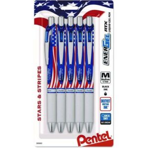 EnerGel RTX Gel Pen, Retractable, Medium 0.7 mm, Black Ink, Stars and Stripes Metallic Red Barrel, 5/Pack