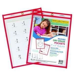 Reusable Dry Erase Pockets, Super Heavy-Duty, Top Load 9 x 12 Insert, Clear Front, Neon Red Border, 30/Pack