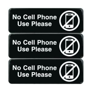 No Cell Phone Use Please Indoor/Outdoor Wall Sign, 9 x 3, Black Face, White Graphics, 3/Pack