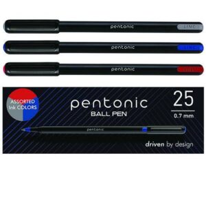 PENTONIC Ballpoint Pen, Stick, Fine 0.7 mm, Assorted Ink Colors, Black Barrel, 25/Pack