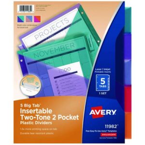 Big Tab Insertable Two-Pocket Plastic Dividers, 5-Tab, 11.13 x 9.25, Assorted, 1 Set