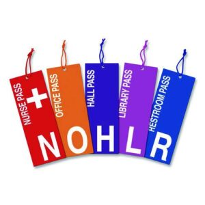 Laminated Hall Passes with Cords, English, Assorted Messages, 3.4" x 9", Assorted Colors, 5 Passes/Set, 24 Sets/Carton