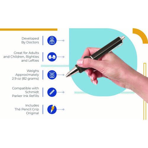 The Pencil Grip Heavyweight Ballpoint Pen with Patented Grip, Retractable, Medium 0.7mm, Black Ink, Black/Silver Barrel, 8/CT - Image 2