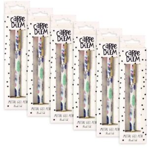Carpe Diem Metal Gel Pen, Stick, Medium 0.7 mm, Black Ink, White/Blue/Green Feather Barrel, 6/Pack