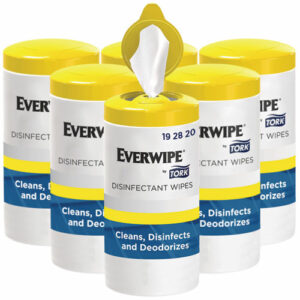 Everwipe by Tork Disinfectant Wipe Canisters, 1-Ply, 7 x 7, Lemon, White, 75 Sheets/Canister, 6/Carton