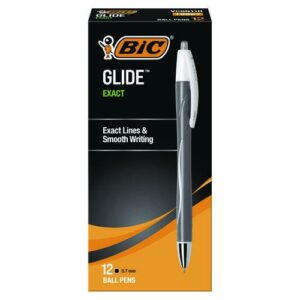 GLIDE Exact Ballpoint Pen, Retractable, Fine 0.7 mm, Black Ink, Black Barrel, Dozen