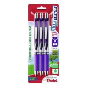 EnerGel RTX Deluxe Gel Pen, Retractable, Medium 0.7 mm, Purple Ink, Purple/Silver Barrel, 3/Pack
